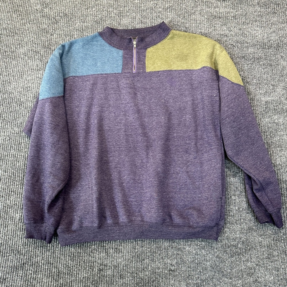 Chams Mens Vintage Colorblock Quarter Zip Sweatshirt Large Purple Retro Fleece